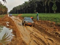 Kamerunské silnice jsou v takovém stavu, že můžete zapadnout i s Toyotou Hilux.